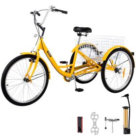 VEVOR Yellow Adult Tricycle 24'' 1-Speed 3 Wheel Bikes, Foldable Adult Tricycle 3 Wheel Bike Trike for Adults