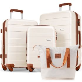 Luggage Sets 4 Piece, Expandable ABS Durable Suitcase with Travel Bag, Carry On Luggage Suitcase Set with 360Â° Spinner Wheels, ivory and brown