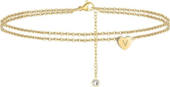 Turandoss Heart Initial Ankle Bracelets for Women; 14K Gold Filled Handmade Dainty Layered Anklet Letter Initial Heart Ankle Bracelets for Women Beach (Style: V)