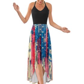 Independence Day high waist mid-length digital print back crossover neckline dress (Color: Blue, size: S)