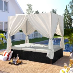 U_STYLE Outdoor Patio Wicker Sunbed Daybed with Cushions, Adjustable Seats (Color: as Pic)