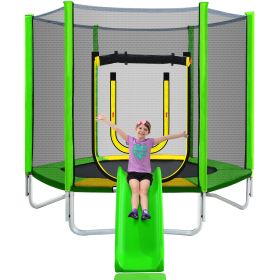 7FT Trampoline for Kids with Safety Enclosure Net, Slide and Ladder, Easy Assembly Round Outdoor Recreational Trampoline (Color: as Pic)